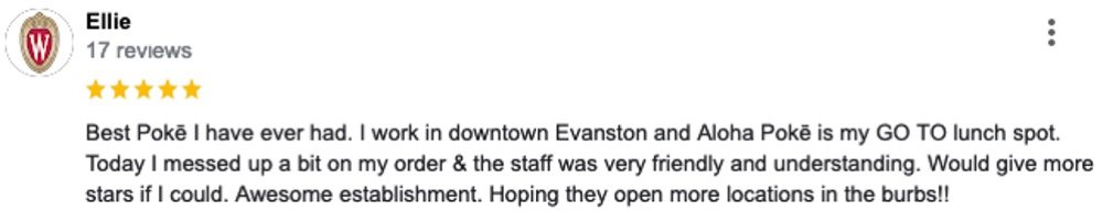 Google Business Profile review for the Aloha Poke Belmont location