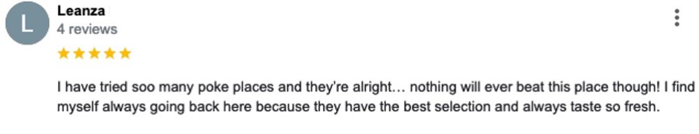 Google Business Profile review for the Aloha Poke Belmont location