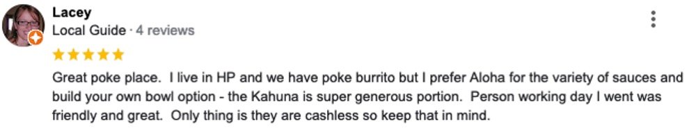 Google Business Profile review for the Aloha Poke Belmont location